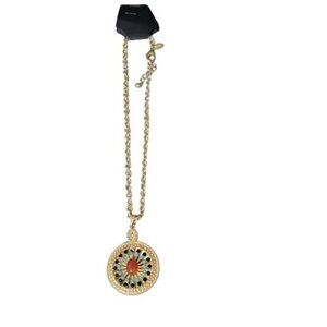 Chico's Cabochon Necklace with Textured Chain and Large Jeweled Circular Pendant